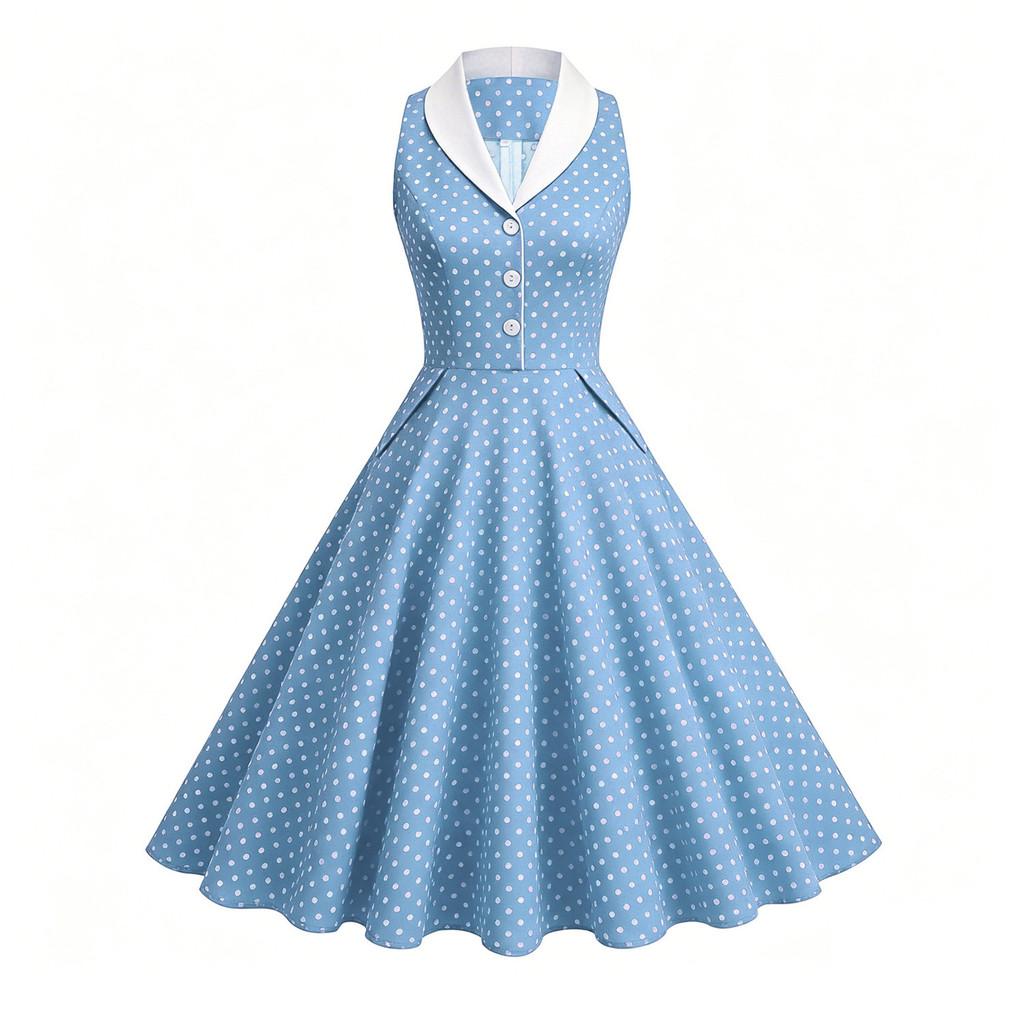 Vintage Summer Dress For Women With Polka Dot Pattern Cotton Blend For Casual And Party Wear