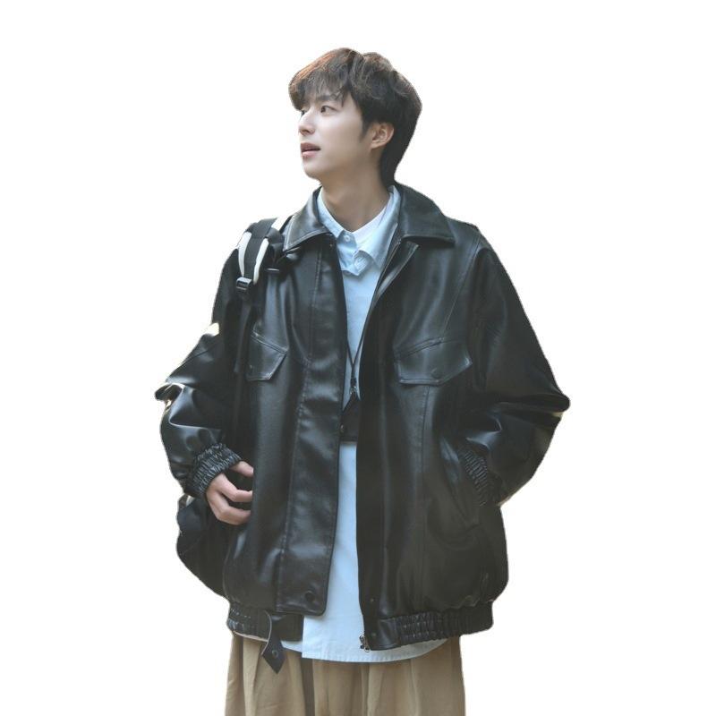 American retro brown leather jacket male ruffian handsome PU leather flight jacket hiphop locomotive jacket
