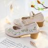 4cm Blockabsatz Damenschuhe Baumwolle Bestickt Mary Jane Schuhe Elegant Weich Bequem Retro Kostüm Pumps Weiß Beige