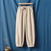 Johnature Women Vintage Cotton Linen Pants Elastic Waist Solid Color Trouser Thick Winter Warm Straight Pants