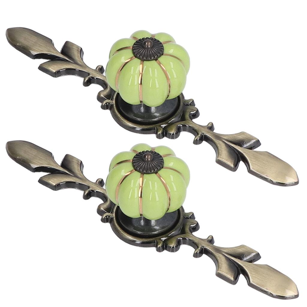 2pcs/set Hand Painted Pumpkin Drawer Knobs Chinese Pastoral Style Ceramic Cabinet HandleGreen