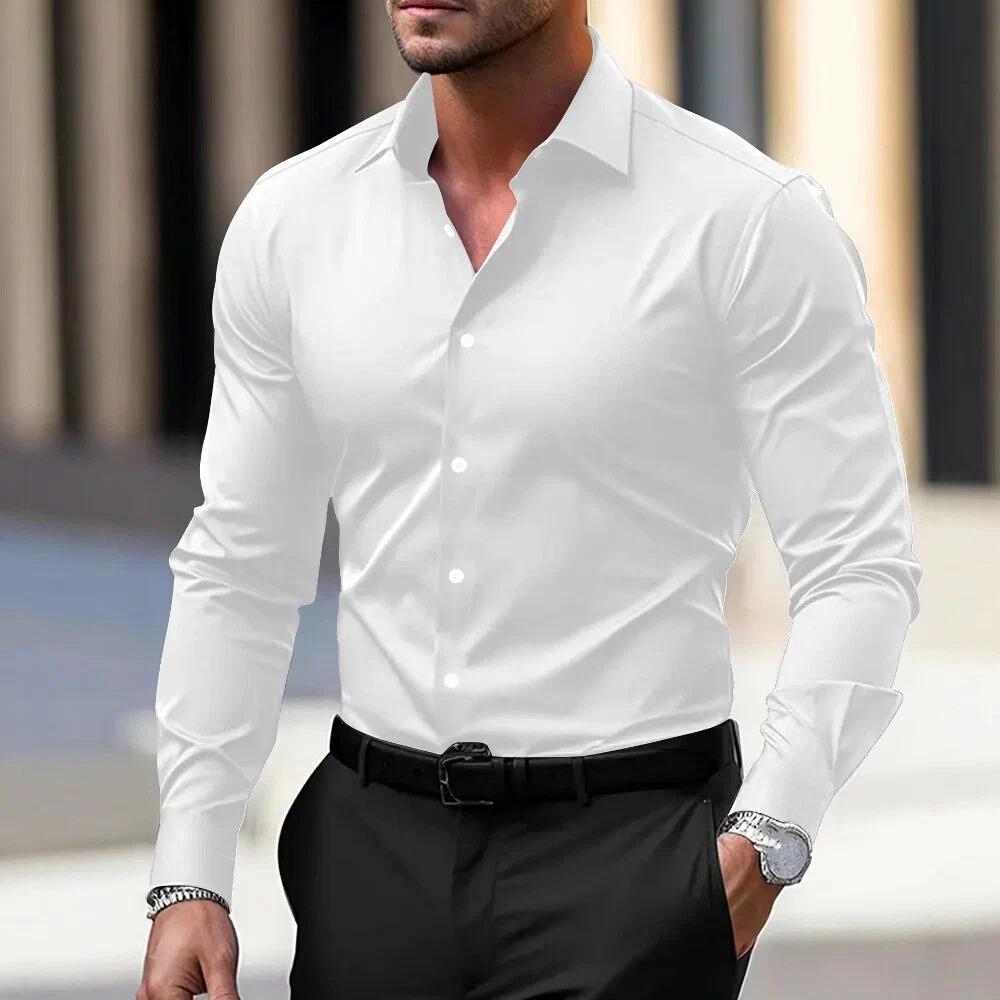 Весна Осень Новая Мужская Одежда Рубашка с Длинным Рукавом Однотонная Повседневная Рубашка Мужская Воротник Приталенная Рубашка Топы S белый