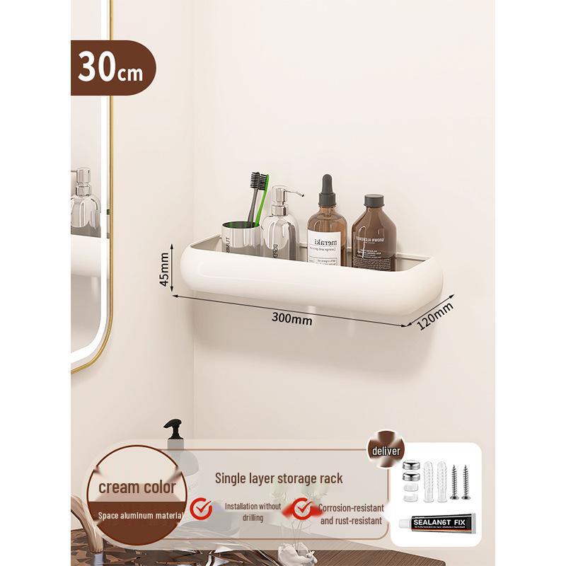 

No-Drill Cream Bathroom Shelf: Wall-Mounted Storage Rack for Vanity & Toilet
