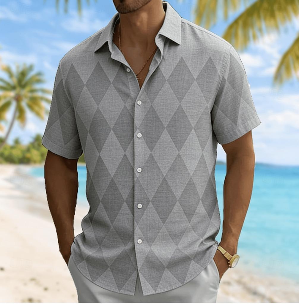 Chemise à Manches Courtes Argyle Color Block pour Homme, Chemisier Décontracté Vacances Printemps Été à Col Rabattu, Haut Coupe Ample
