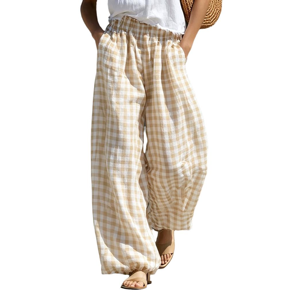 Women's Trendy High Waisted Plaid Pants with Elastic Waistband and Pockets for Casual Daily Wear
