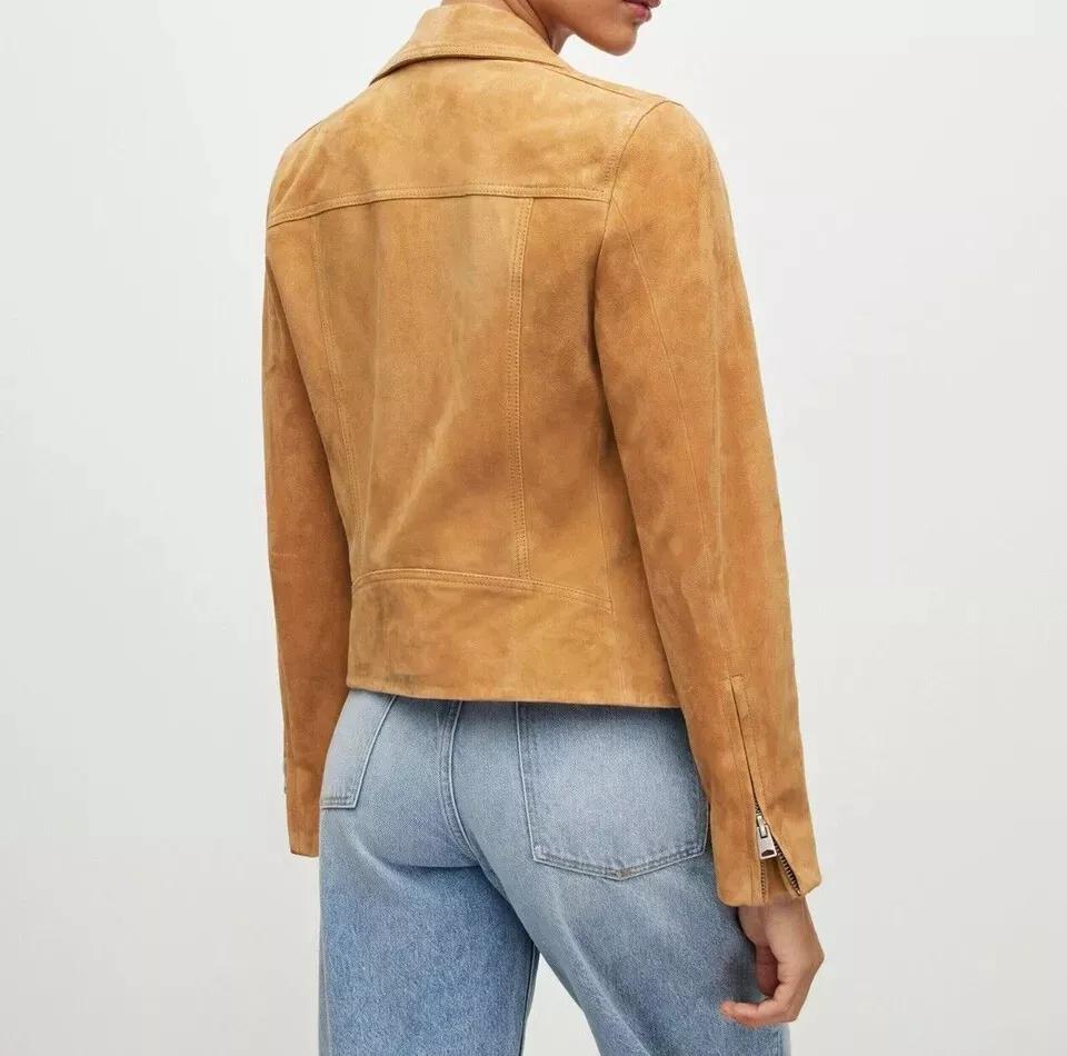 Damen Wildlederjacke in Hellbraun, handgefertigt, stylisches Biker-Motorrad-Design, lässig