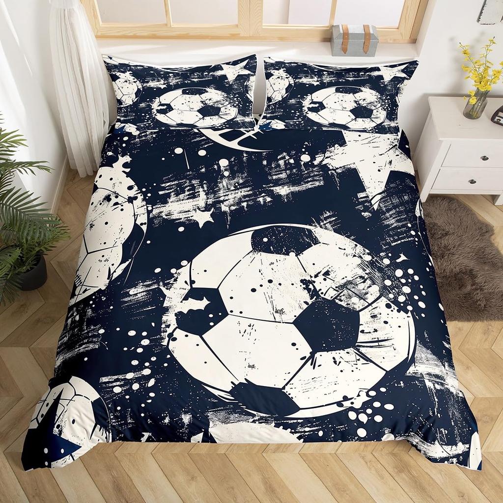 Reißverschluss mit Fußball-Bettbezug, Vollgröße, Fußball-Sport-Bettwäsche-Set, Jungen, Teenager, Ballspiel-Deckenbezug, Blauer Bettdeckenbezug, 3 Teile