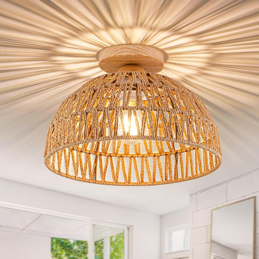 Boho Light Fixtures Ceiling Rattan Lights Boho Chandelier Flush Mount Ceiling Light for Hallway Foyer Entrance Bedroom Kitchen