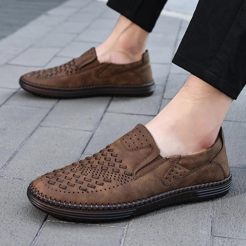 New 2026 Handmade Leather Men Shoes Design Fashion Sneakers Slip On Loafers Summer Mesh Breathable Casual Shoes Men Driving Flat
