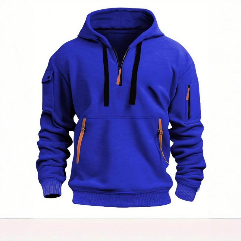 Mens Fleece Hooded Sweatshirt With Zipper Detail Solid Color Casual Long Sleeve Pullover Winter Outerwear