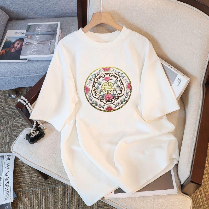 Chinese Ethnic Style Short Sleeved Top 2024 Summer New Womens Tshirt White Fashionable Loose Bottom Top Pattern Tshirt