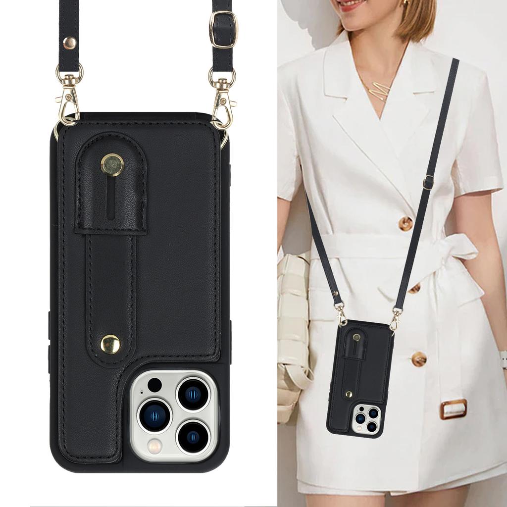 For iPhone 16 Pro Max Case Kickstand Card Slots Leather Coated TPU Cover with Shoulder Strap