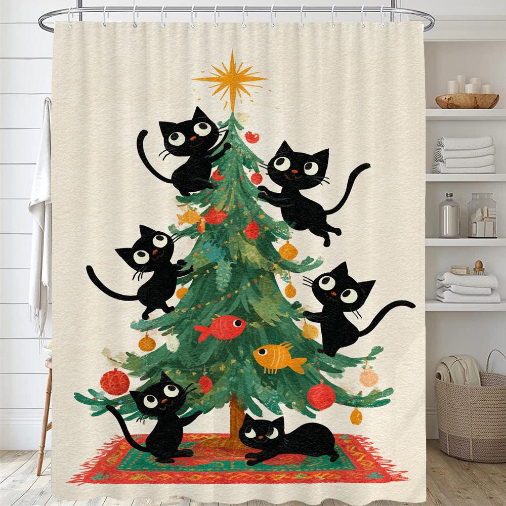 Świąteczna zasłona prysznicowa, Zimowe świąteczne zasłony prysznicowe do łazienki, Urocza świąteczna zasłona prysznicowa z kotem, Z haczykami