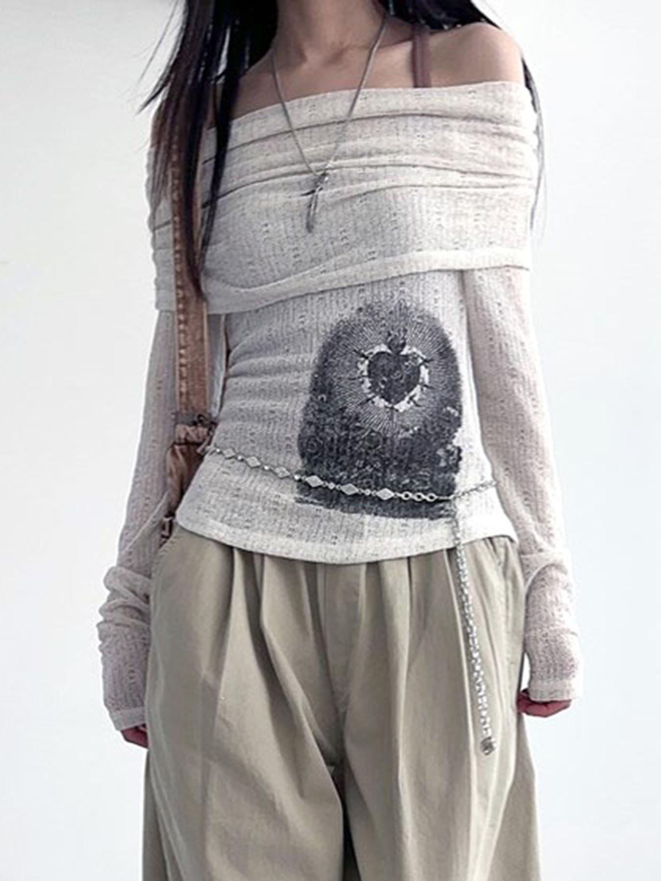 

Шикарный ретро-топ на одно плечо с принтом, тонкая футболка с длинным рукавом, винтажная уличная одежда, эстетичные повседневные наряды в стиле Харадзюку S белый