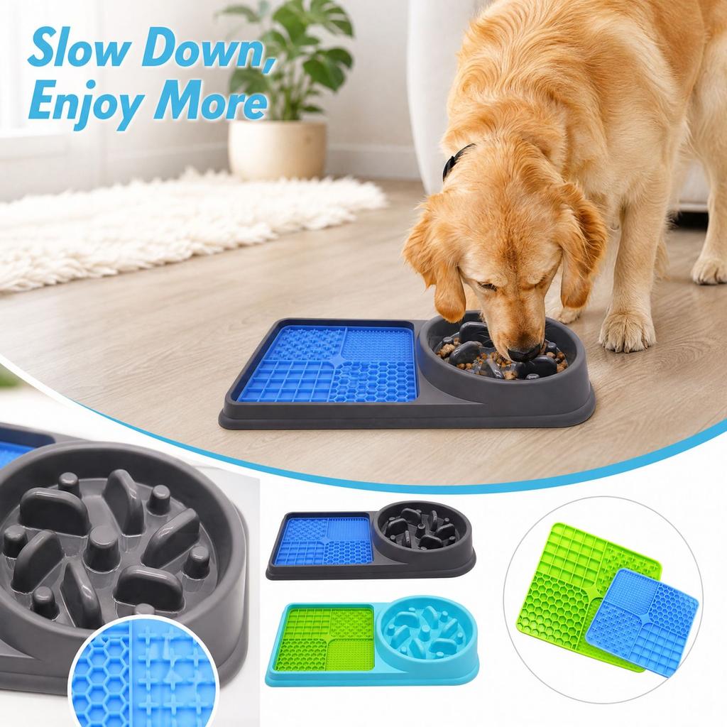Dog Slow Feeder Bowl with Silicone Licking, -Spill Double Bowl for Dogs, 2-in-1 Pet Feeding Dish