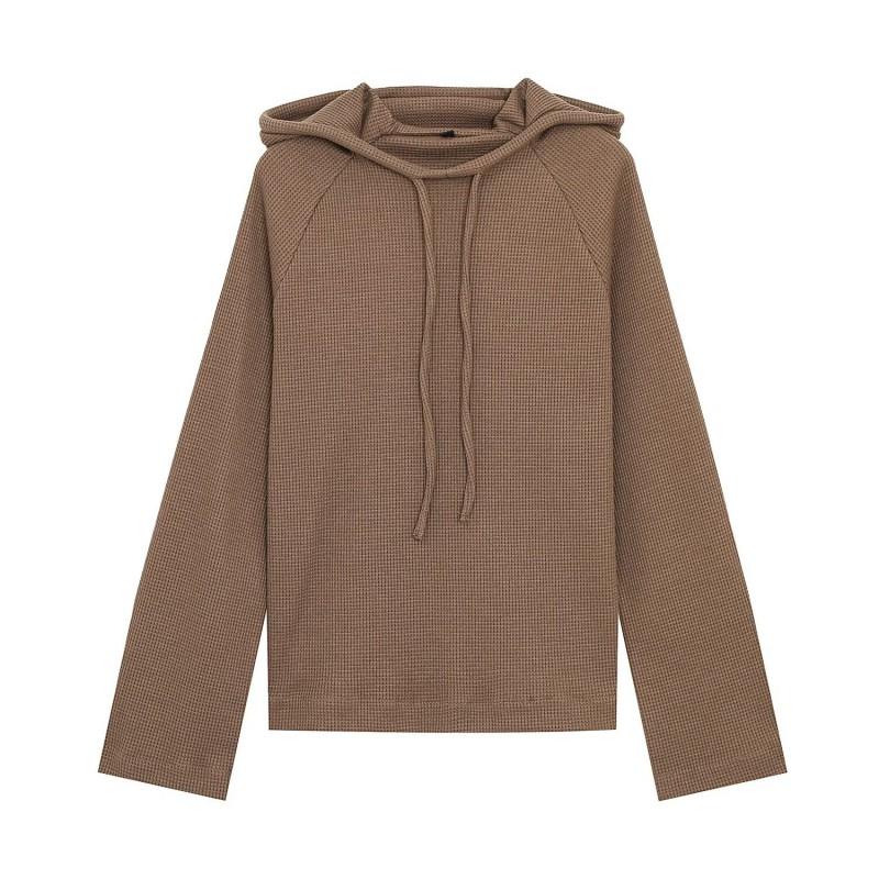 Womens Fall Hooded Waffle Mesh Sweatshirt Wide Leg Pants Set Casual Outfit