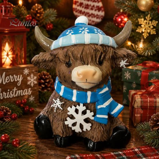 Resin Animal Statue Winter Highland Cow Figurine, Cattle for Desk Decor Decor, Shape Ornament Home Office