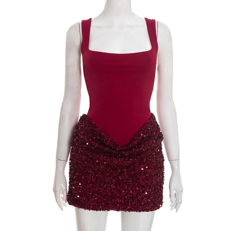 Wine Red Sequin Patchwork Spaghetti Strap Bodycon Dress XL