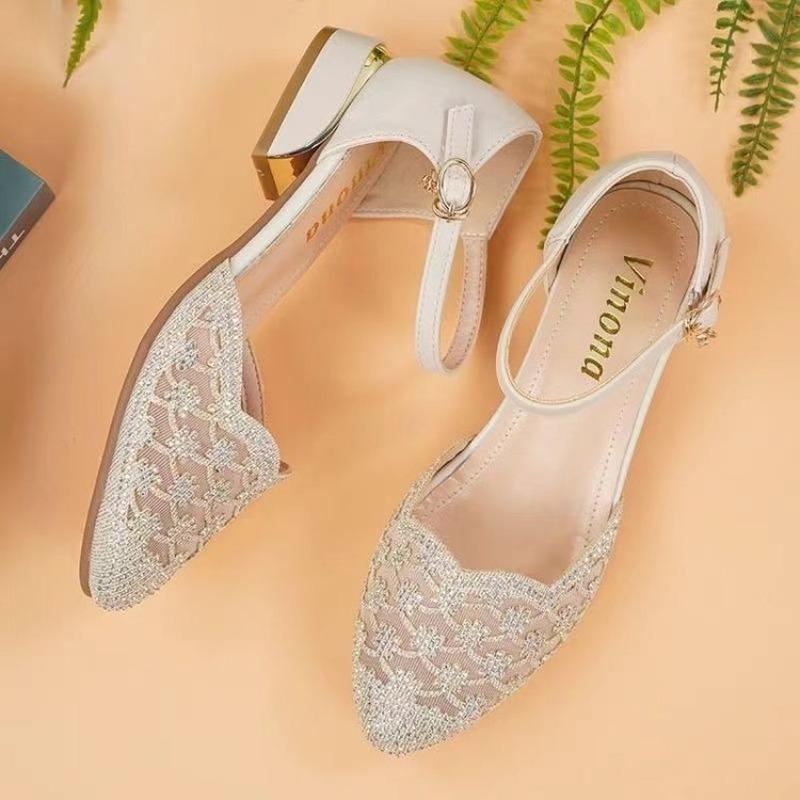 New Style Sandals Mid-heel Shoes with Toe Caps Rhinestone Shoes Single Shoes Mom Shoes