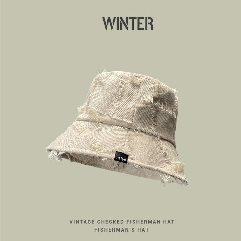 

Ретро стиль весна и осень шляпа-ведро женская дизайнерская шляпа-ведро в клетку с необработанным краем повседневная универсальная шляпа-ведро женская модная