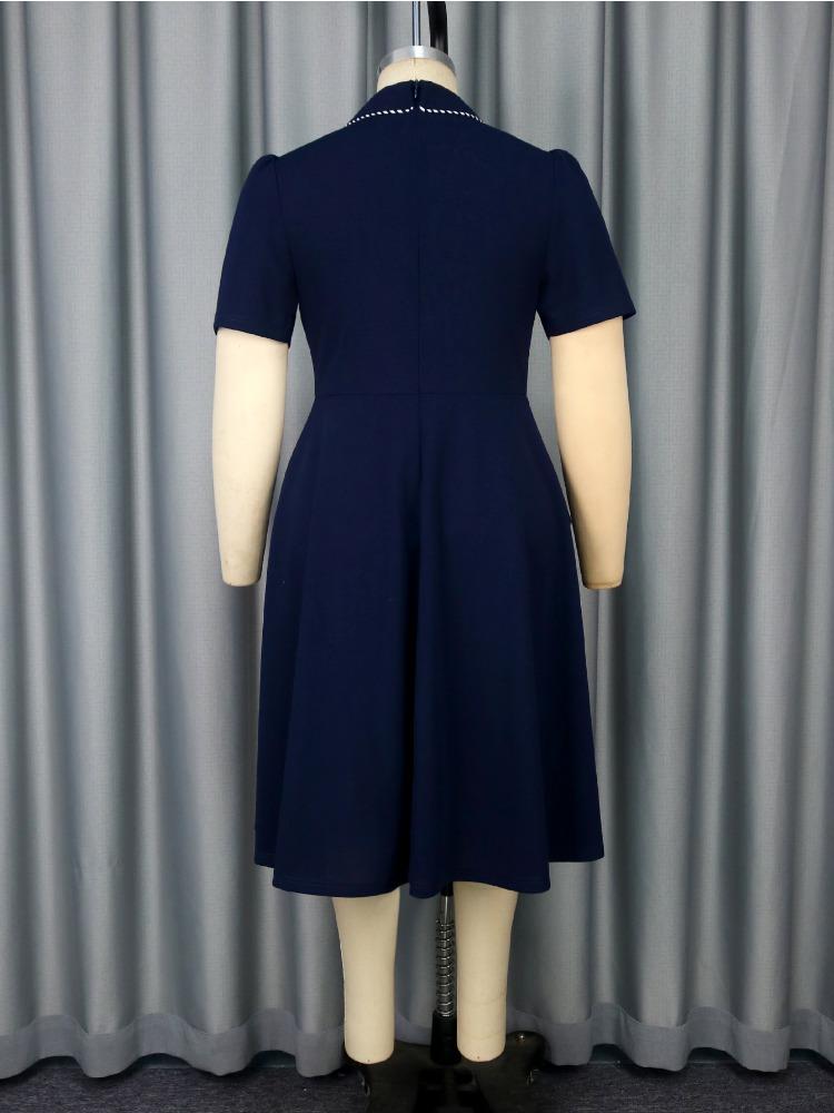 AOMEI Elegant Women Dresses Turn-Down Collar High Waist A Line Short Sleeve Knee-Length Causal Office Gowns Plus Size