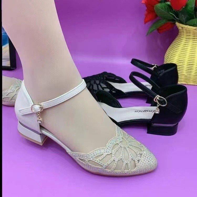 Summer thick heel mesh hollow soft-soled sandals wear shallow mouth pointed hollow rhinestone one-word buckle shoes