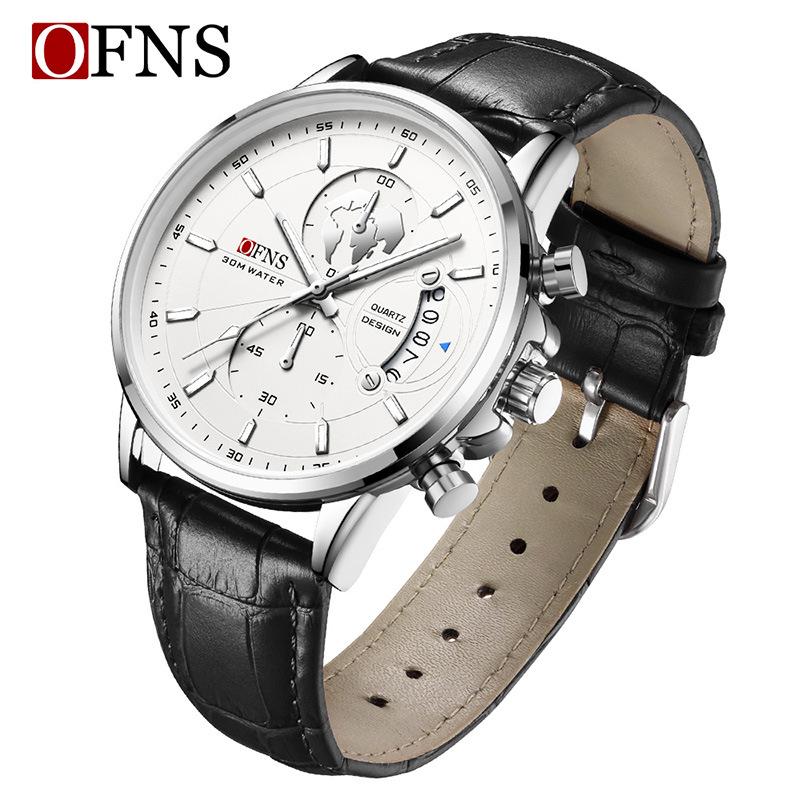 OFNS Men s Fashion Business Watch: Six-Hand Leather Strap, Waterproof with Calendar.
