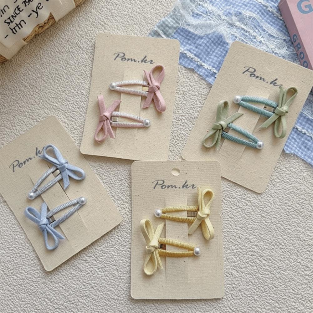 2pcs/set with Bow Design Bow Hair Clips Pearl Side Part Bangs Hairpins New BB Snap Clips for Girls