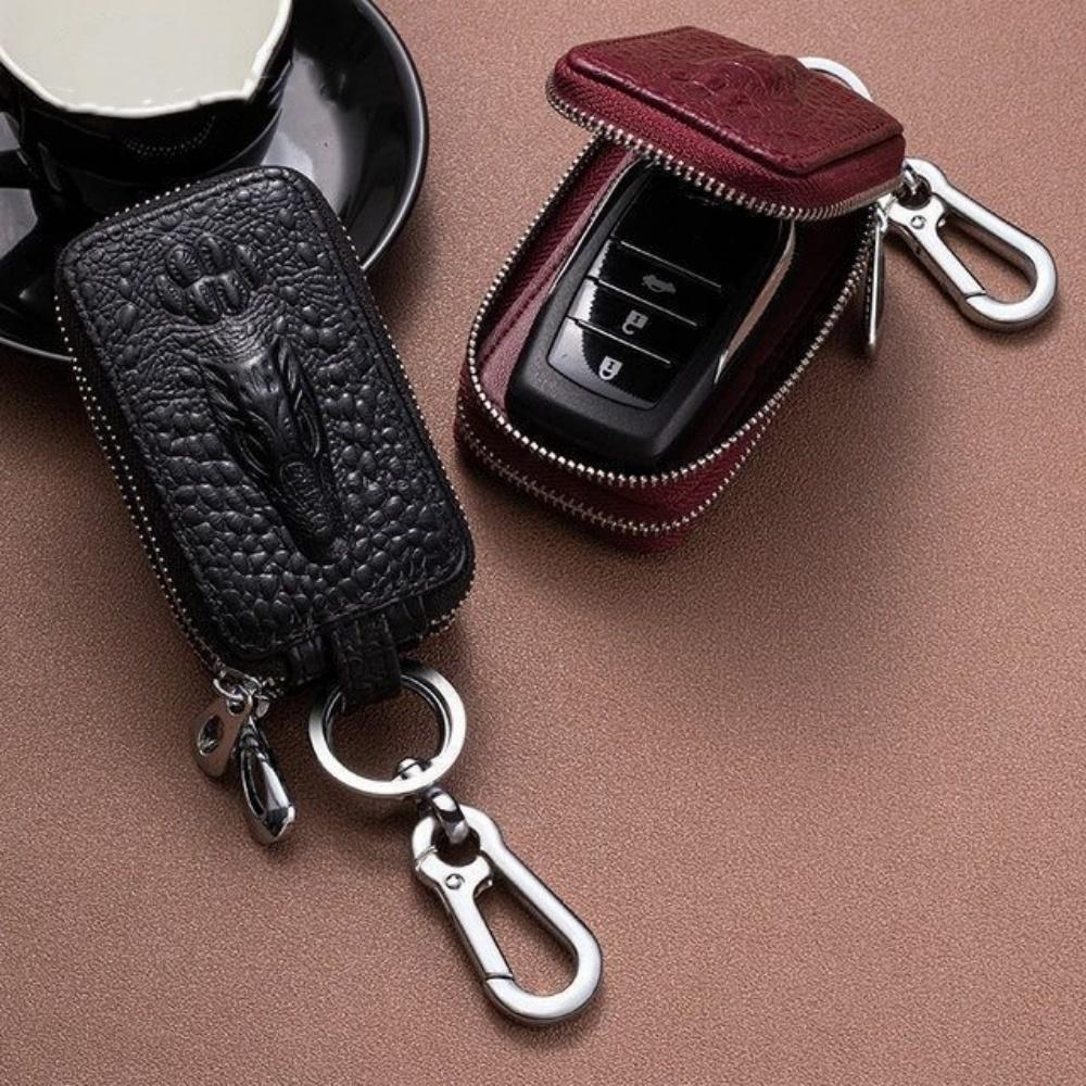 Genuine Leather Double Layer Car Key Case Crocodile Print Zipper Holder Keychain Organizer For Men Women Key Wallet Accessories