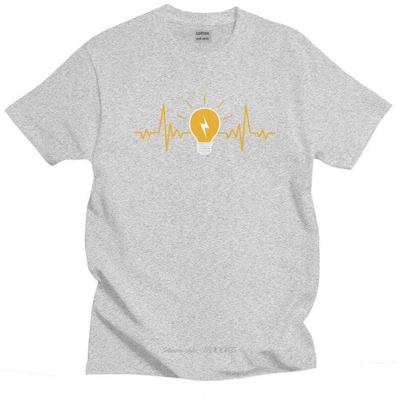 Electrician Heartbeat Light Bulb T Shirts Short Sleeved Electric Engineer Power T-shirt Printed Tee Cotton Slim Fit Tshirt Merch