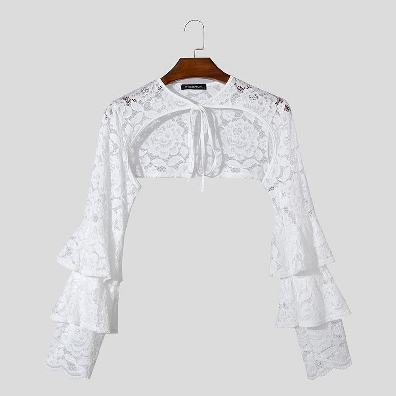 INCERUN Men Lace Up See Through Lace Crop Tops Club Party Mesh Short T-shirts
