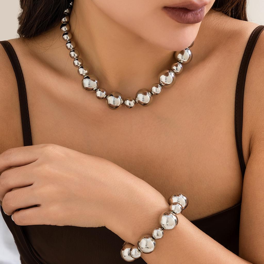Accessories Exaggerated Punk Contrasting Color Round Beads Imitation Pearl Necklace Female Personality Geometric Beaded Necklace Set