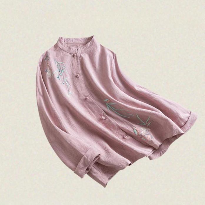 Fashion Temperament Chinese Style Embroidered Cotton and Linen Shirt Retro Disc Buckle Long-sleeved Stand-up Collar Loose Bottoming Shirt