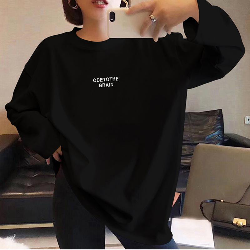 Tricou de bumbac cu mâneci lungi larg pentru fete - Negru, Top la modă de primăvară/toamnă, Stil studențesc universal.