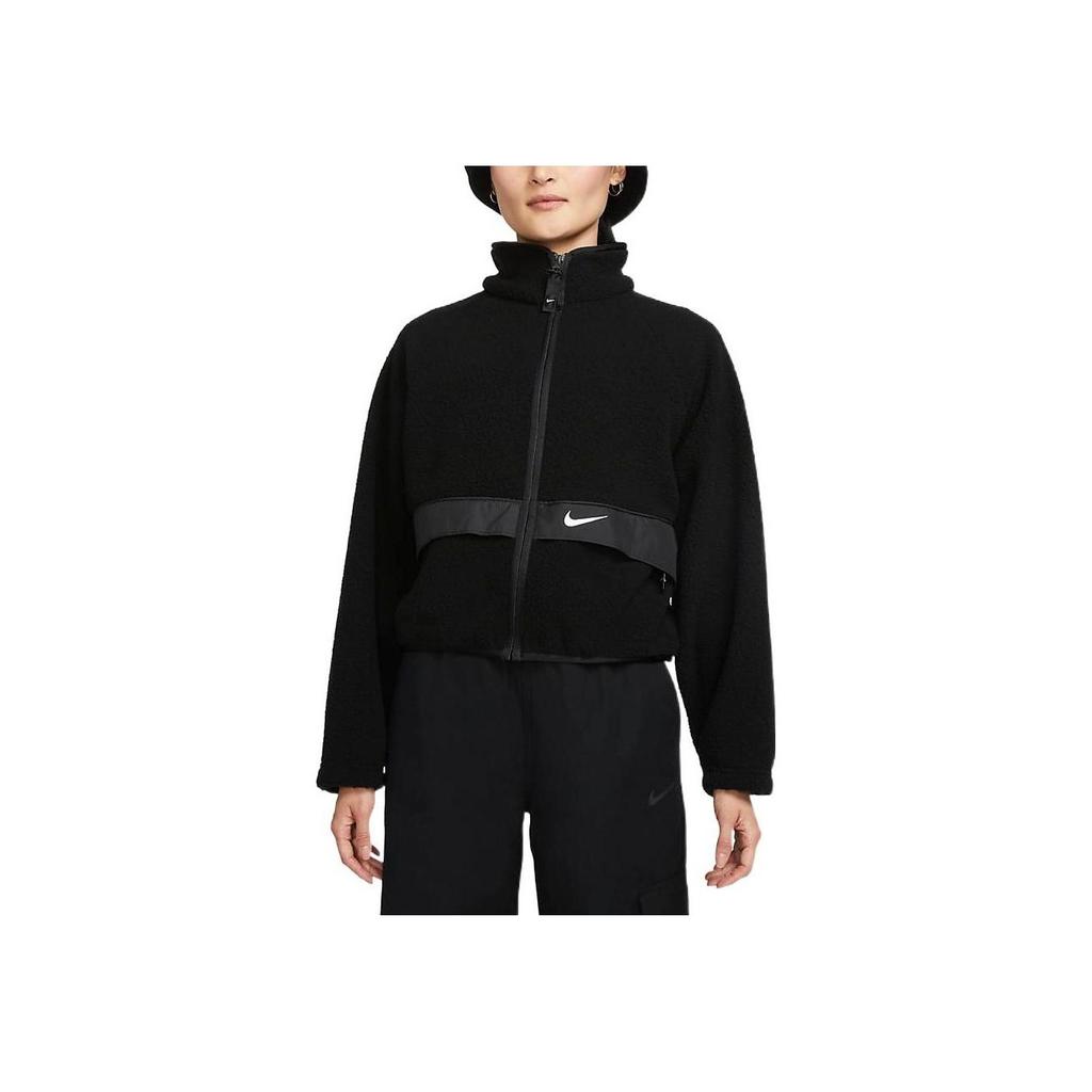 Nike Logo Printed Fleece Warm Stand Collar Solid Short Jacket Women Jackets Black DO7761-010