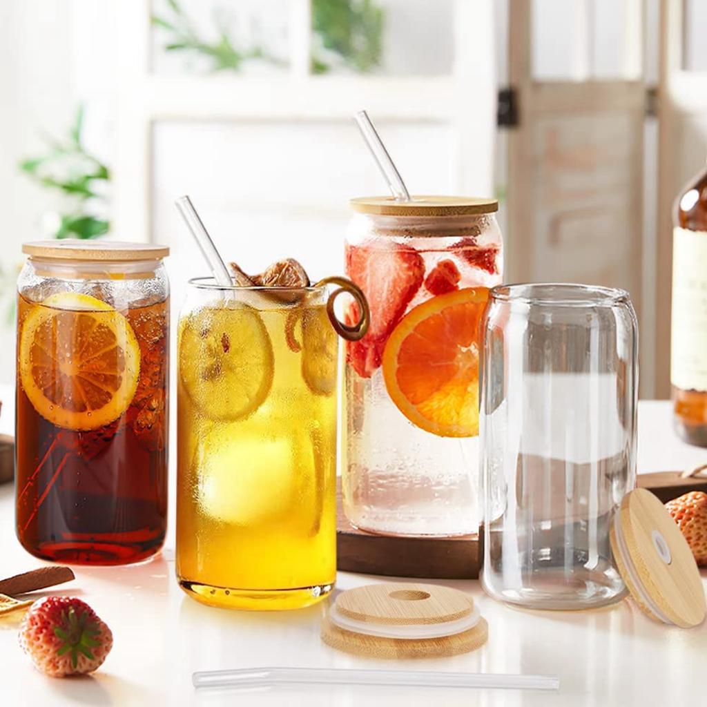 4-teiliges Set aus Glas, Cola-Bechern, Gläsern mit Bambusdeckel und Strohhalmen, wiederverwendbares Trinkglas, Becher, Bierdosen, Gläser für Kaffee, Milch
