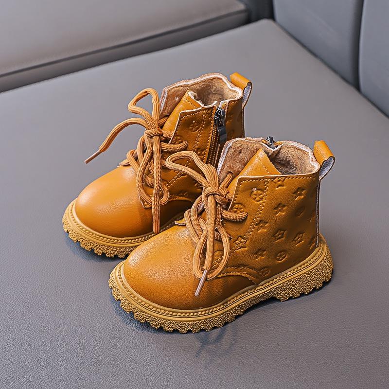 

Winter Boots with Light Fleece Lining, Girls Lace-up Leather Boots, Boys Printed Martin Boots, Short Boots for Toddlers & Kids, Mid-Cut Design. 21 жёлтый