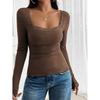 Spring/Summer Solid Color Top for Women Casual Slim Fit Ribbed U-Neck Lace Long-Sleeve T-Shirt