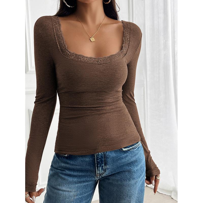 Spring/Summer Solid Color Top for Women Casual Slim Fit Ribbed U-Neck Lace Long-Sleeve T-Shirt