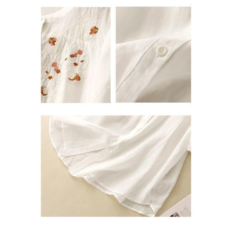 Literary Floral Embroidery Women O Neck Linen Long Shirts Loose Summer Blouses Sum Protection Casual