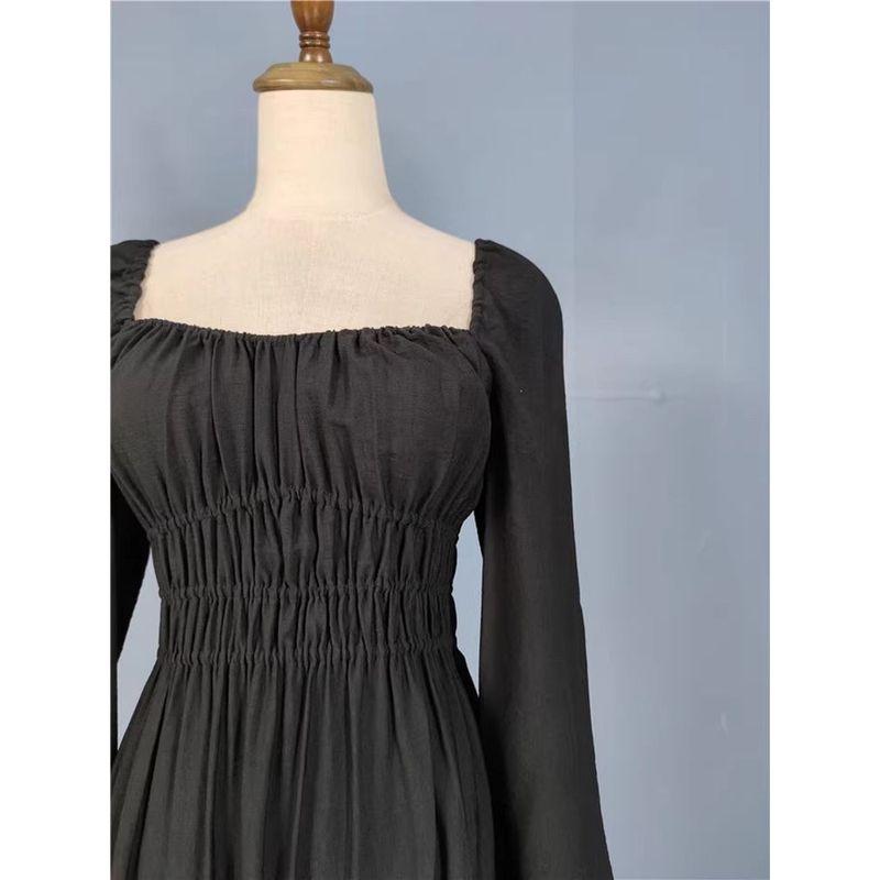 Foreign Trade Order H Home Autumn New Square Collar Stretch Wrap-around Waist Hugging Expose Clavicle Lady Joker Leisure Dress Women
