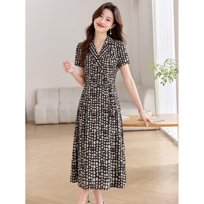 Sanpowa Women's Plaid V-Neck Short Sleeve Mid-Length Dress
