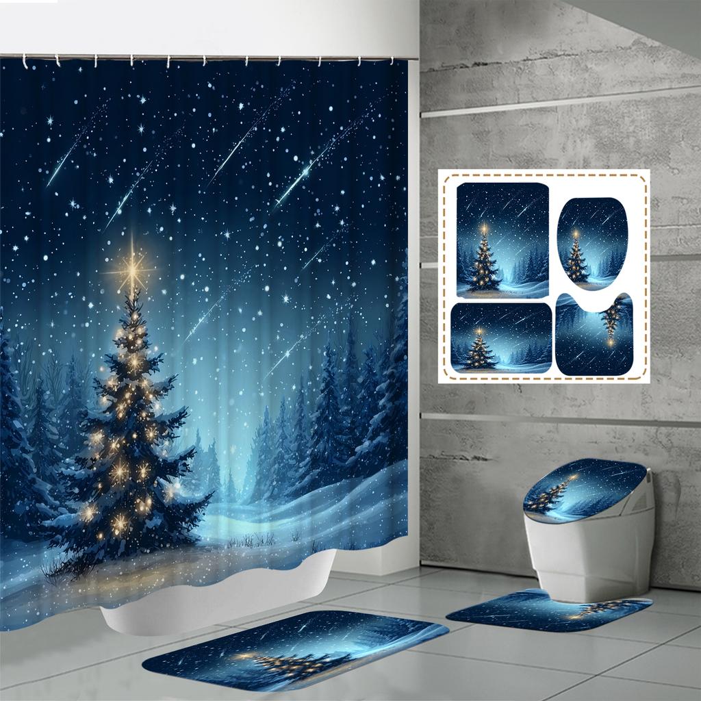 4PCS  Shower Curtain Sets With Shower Curtain And Rugs Toilet Lid Rug U Shape Mat And Bath Mat Bathroom Set  With 12 Hooks