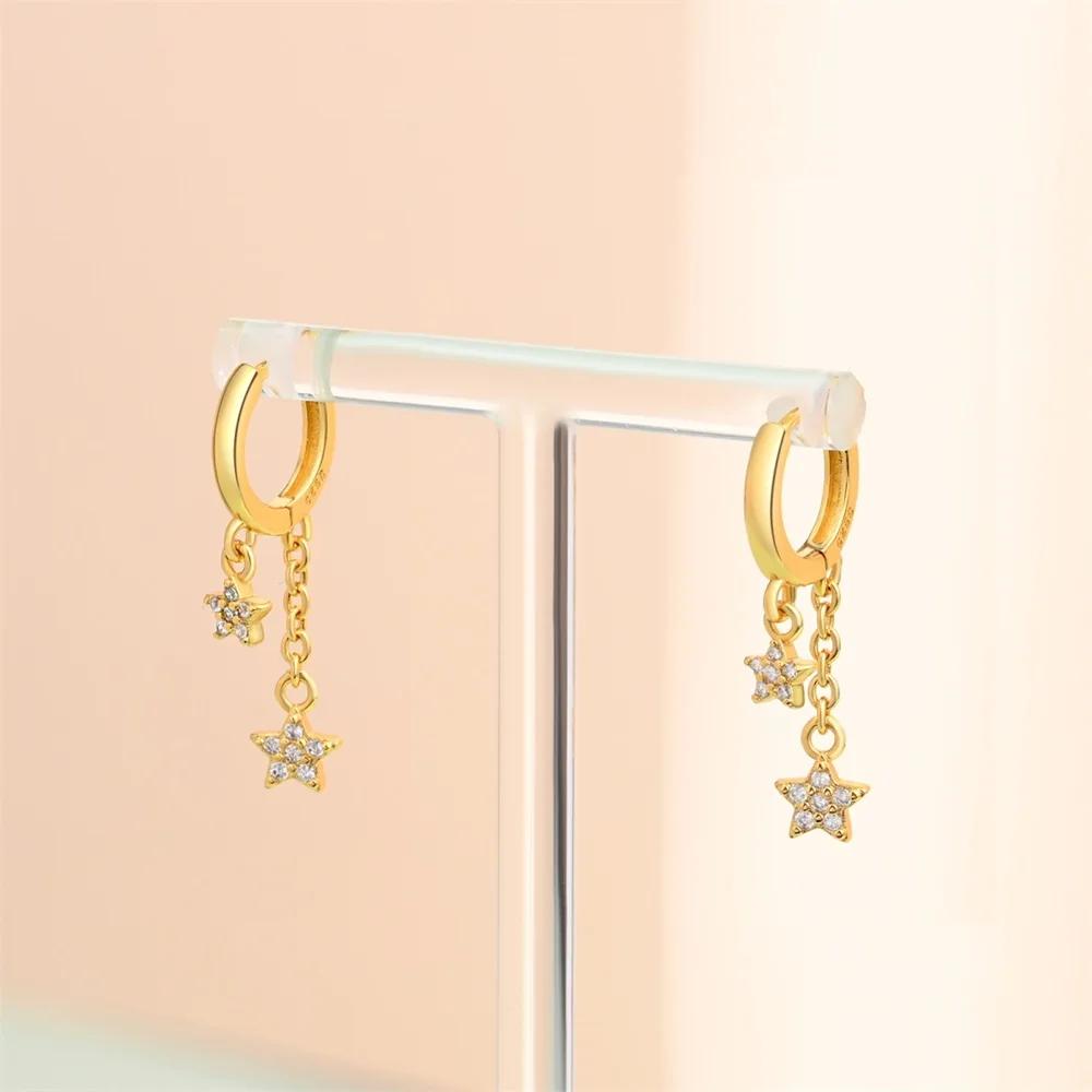 Original New In 925 Silver Gold Star And Moon Pave Colored Zircon Earrings For Women Trending Fashion Jewelry Birthday Gift