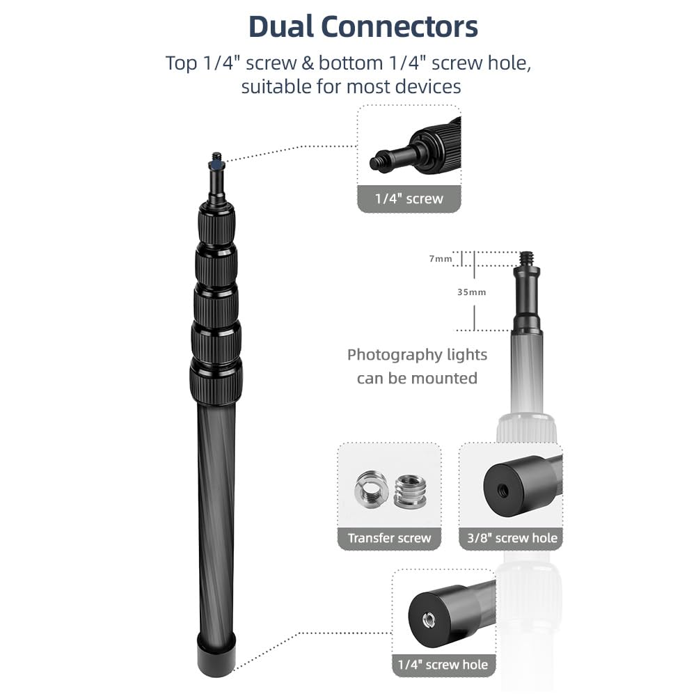 HUNYA Handheld Microphone Boom Arm, 6 Sections, Extendable Microphone Arm, Carbon Fiber Boom Pole, for Microphones, 14-inch Screw & Thread, with Foam