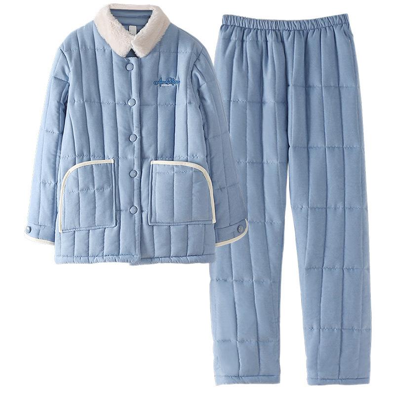 Pajamas Women'S Winter Three-Layer Thickened Fleece Coral Fleece Padded Cotton Women'S Flannel Winter Padded Jacket Loungewear Set