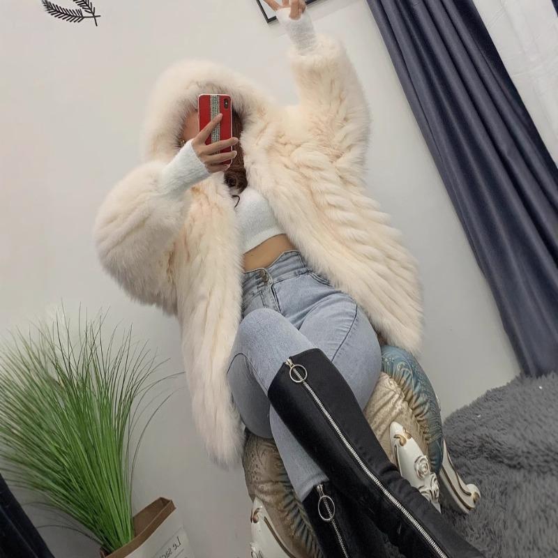 2 winter new imitation car strips imitation fox hair woven coat hooded bat imitation fur coat