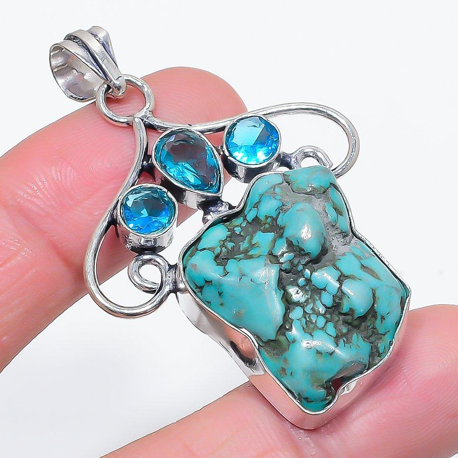 

Natural Tibetan Turquoise, Topaz 925 Sterling Silver Jewelry Pendant 2.17 V3O22