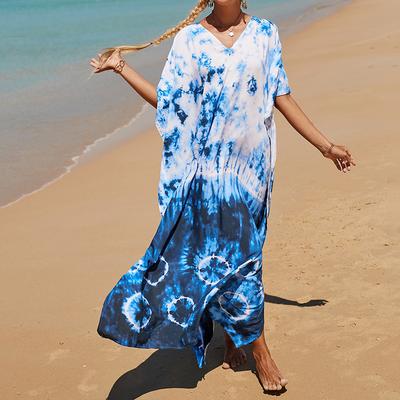 Women's Boho Cover Up, Plus Size Contrast Loose Fit Vacay Beach Kaftan Dress