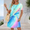 Women Plus Size Round Neck Short Sleeve A Line Bright Blue Swirl Printed Midi Dress